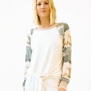 MYSTREE Cream Camo Sleeve Tie Front Top, Long Sleeve Lightweight Lounge Pullover